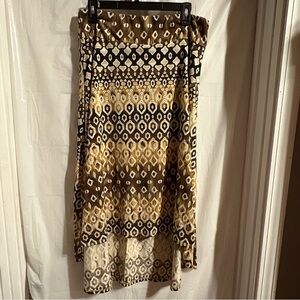 Cato Womens Maxi Skirt Sz Large High-Low‎ Hem Geometric Brown Tan Stretch Earthy